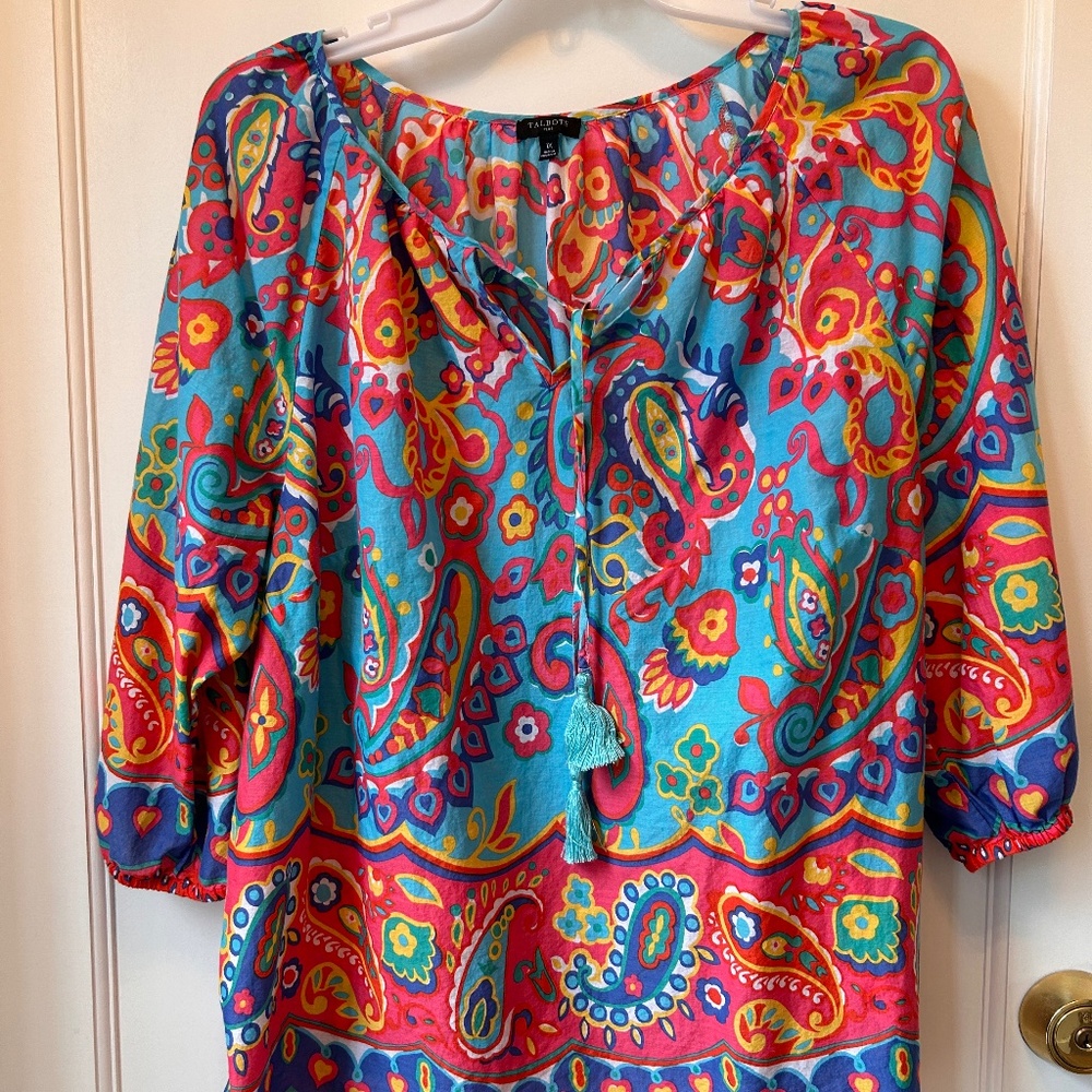 FIESTA COLORFUL SCOOP NECK TALBOTS BLOUSE COTTON FABRIC 3/4 SLEEVE